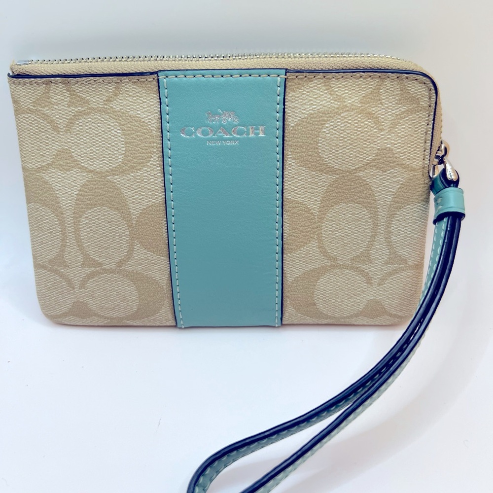 Coach  Corner Zip Wristlet Wallet, Khaki and Blue